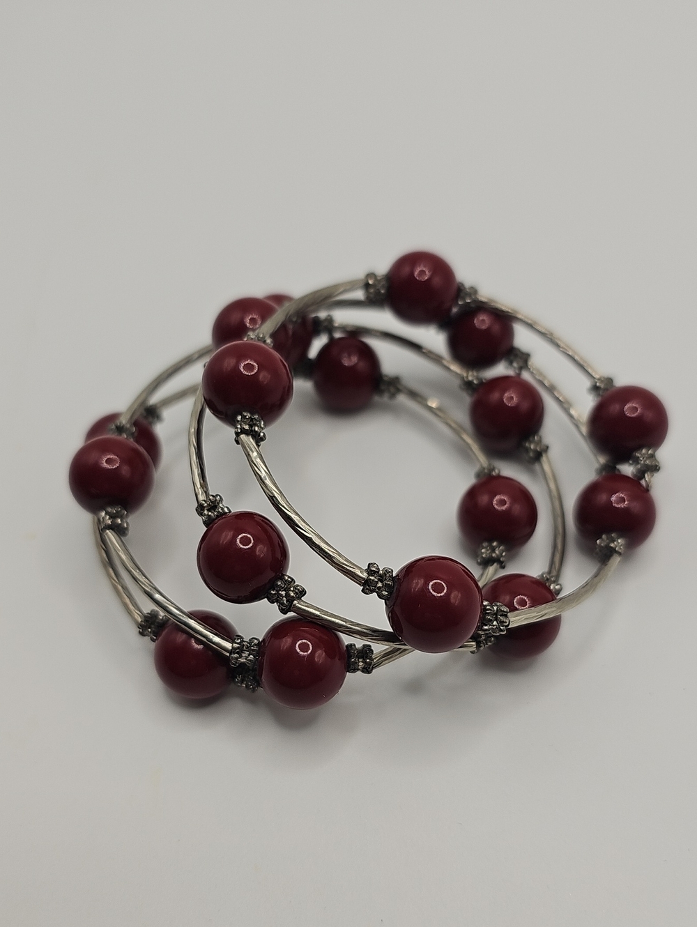 Elegant Burgundy Glass Beaded Hoop Bracelet Set - Women Jewelry